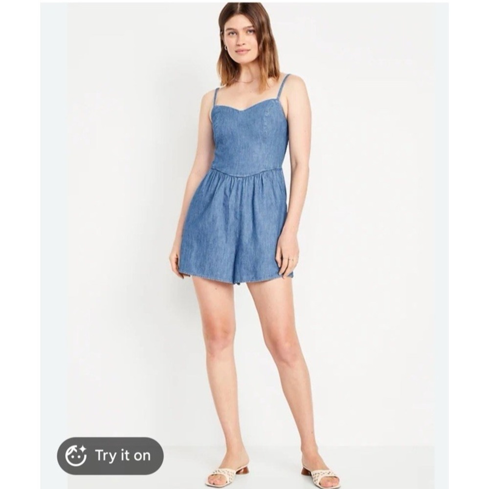 NEW Old Navy Chambray Denim Smock Romper Western Boho Cottage Festival Corset M